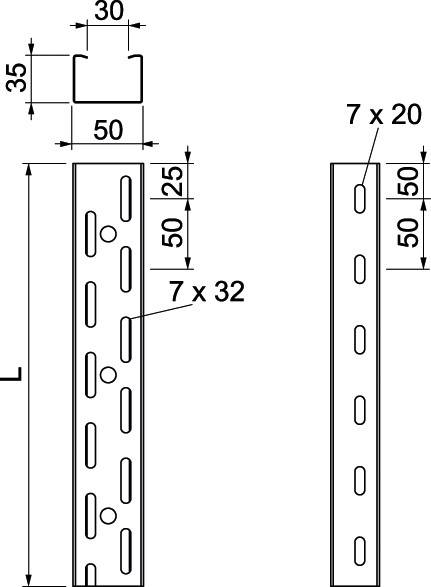 Technische Zeichnung eines L-förmigen Metallprofils mit Abmessungen: 30x35mm Querschnitt, Länge 'L', Lochmuster 7x20mm und 7x32mm.