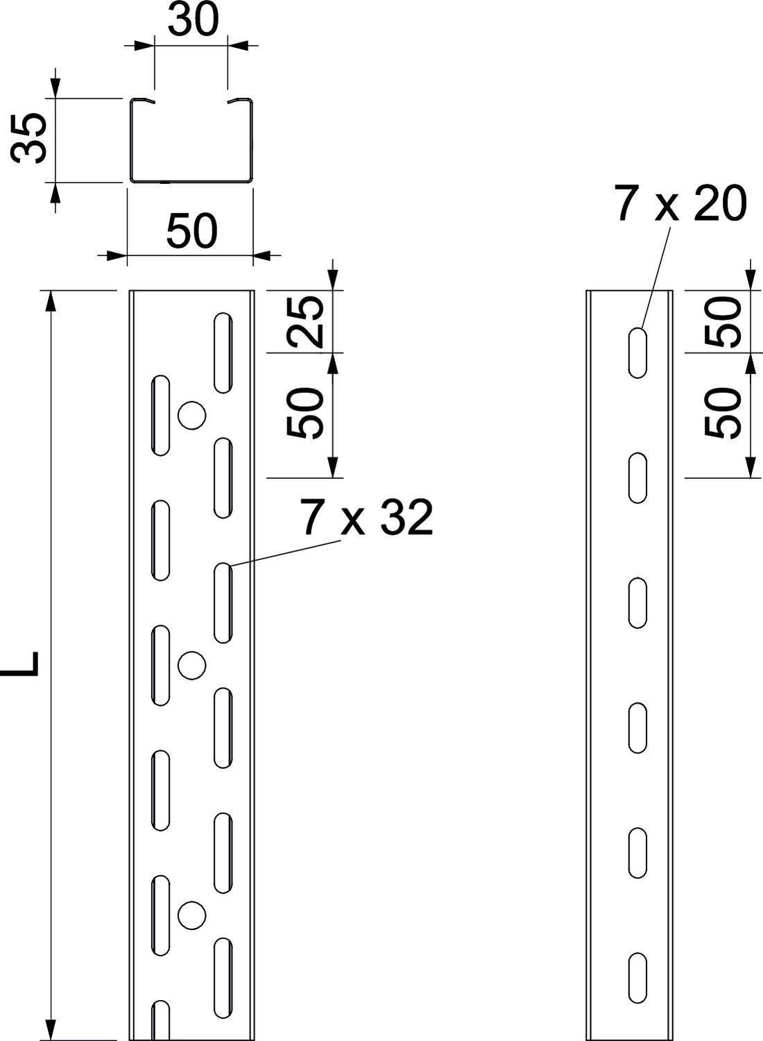 Technische Zeichnung eines metallischen U-Profils. Maße und Bohrlöcher sind in Millimetern angegeben: z.B. 50, 30, 35.
