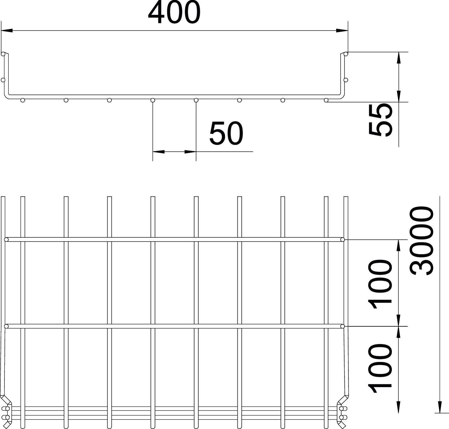 Technische Zeichnung eines Gitters. Maße: Breite 400, Höhe 55, Tiefe 50 oben; Höhe 3000, mit Abschnitten von je 100 unten.