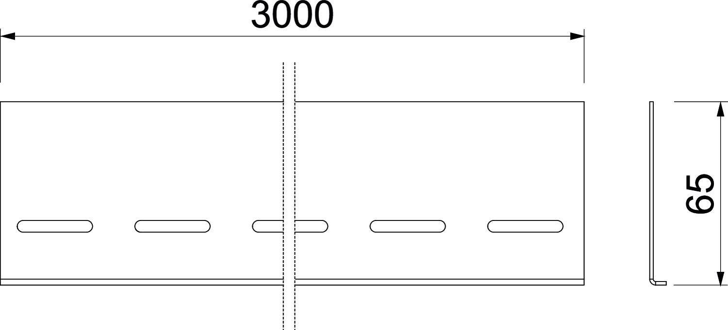 Technische Zeichnung eines Metallteils mit Schlitzen. Länge: 3000 mm, Höhe: 65 mm.