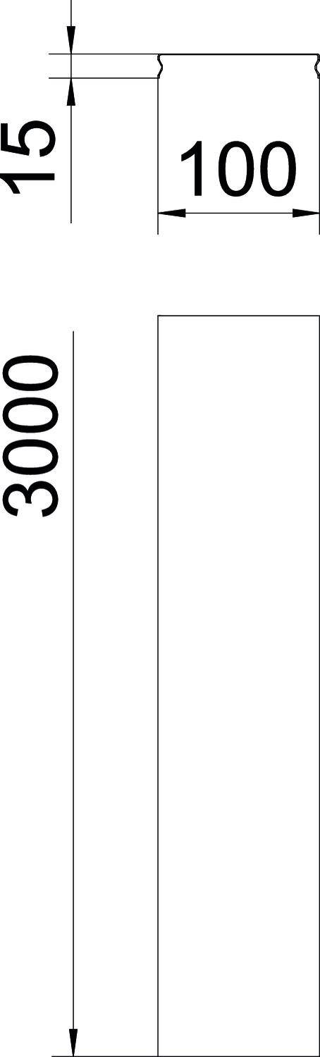 Technische Zeichnung eines rechteckigen Objekts mit den Maßen 100 Breite, 15 Höhe und 3000 Länge in Millimetern.