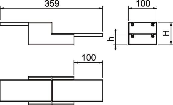Technische Zeichnung zeigt zwei rechteckige Objekte mit Maßen: Länge 359 mm, Breite 100 mm, Höhe variabel 'h'. Seitenansicht und Schnitt.