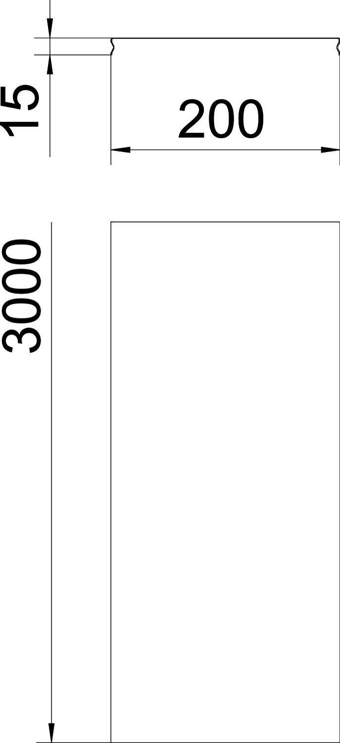 Technische Zeichnung eines Rechtecks mit Maßen: Breite 200 mm, Höhe 3000 mm. Oben links ein Abstand von 15 mm markiert.