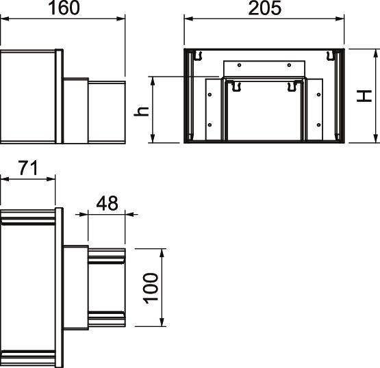 Technische Zeichnung eines rechteckigen Bauteils mit Maßen: 160x205x100 mm. Zeigt Querschnitte und Tiefe 'h', 'H'.