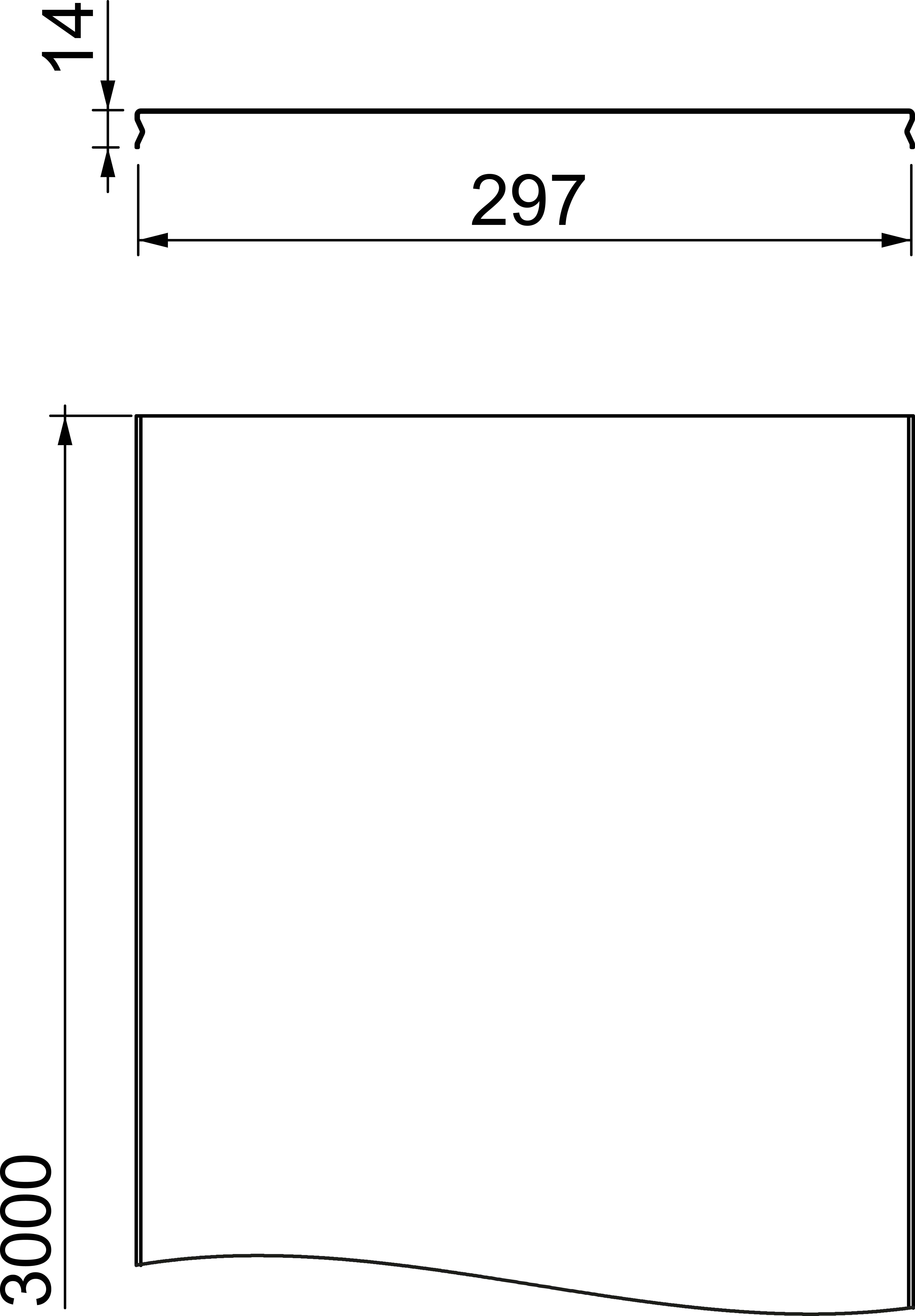 Technische Zeichnung eines rechteckigen Objekts mit den Abmessungen: Breite 297 mm, Höhe 3000 mm, mit einem Detail bei 14 mm.