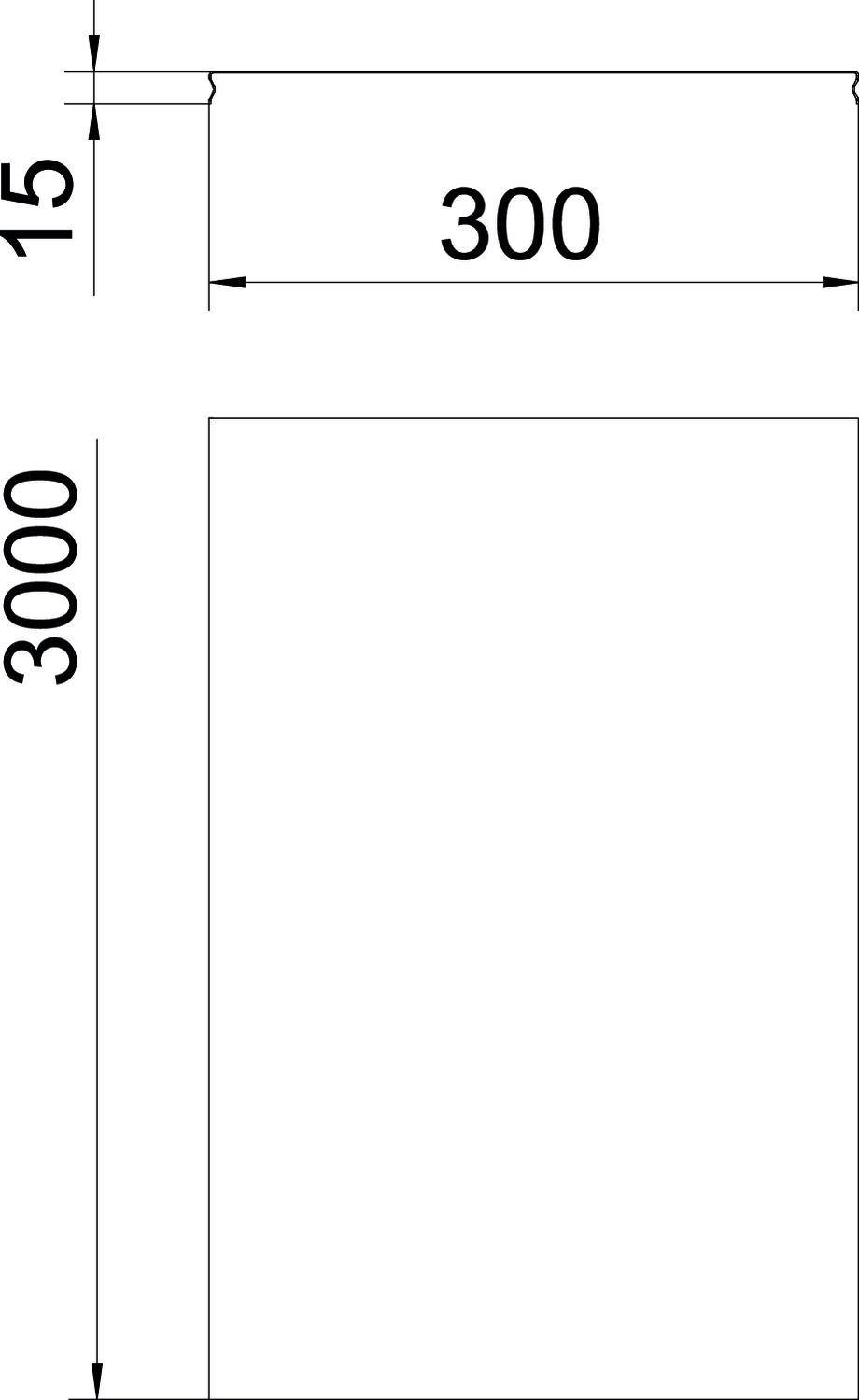 Technische Zeichnung eines Rechtecks mit den Maßen 300 mm Breite und 3000 mm Höhe. Eine Linie mit 15 mm Abstand an der Oberkante.