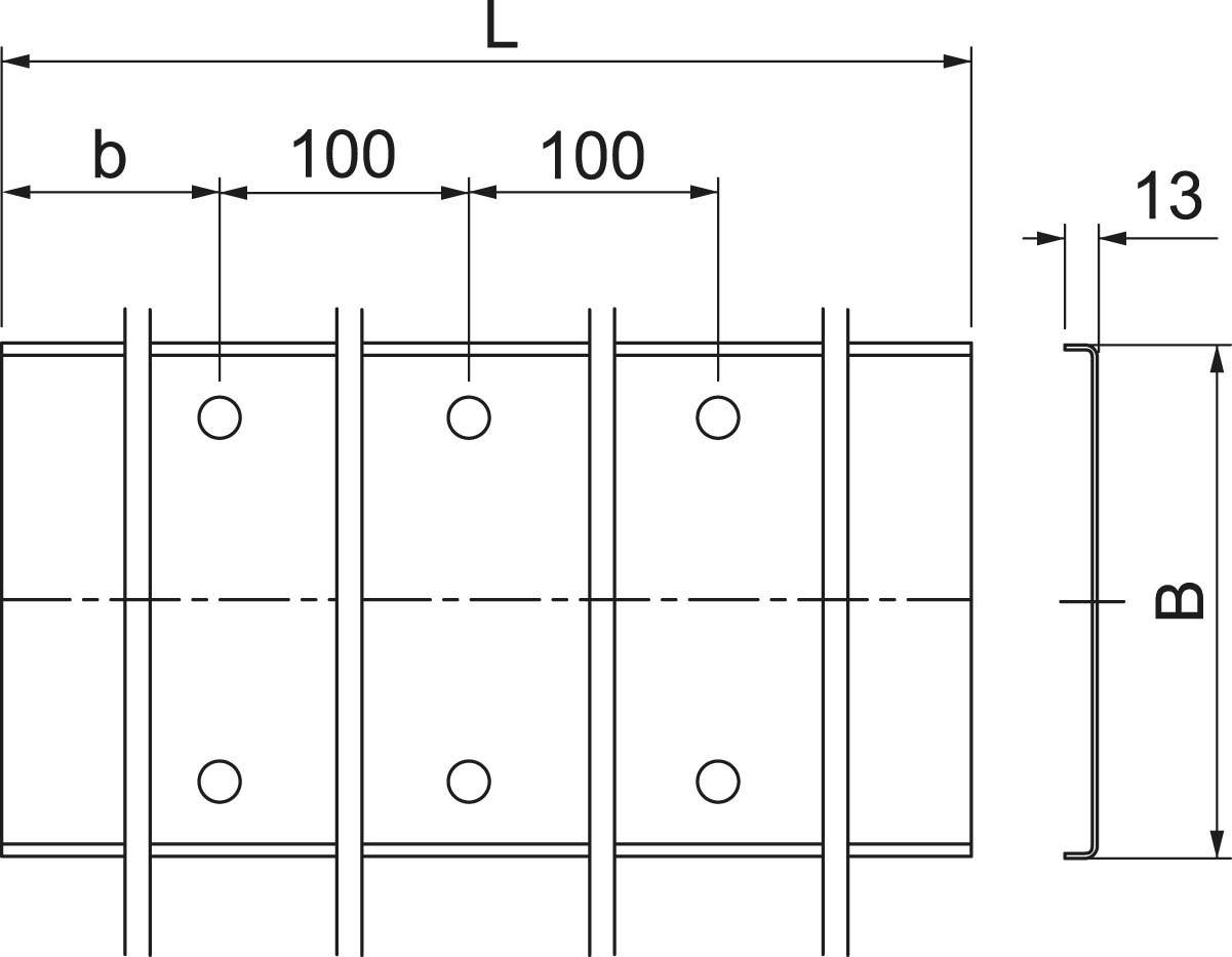 Technische Zeichnung eines rechteckigen Gitters mit vertikalen und horizontalen Linien im Abstand von 100 mm. Maße: b, L, B und 13 mm.