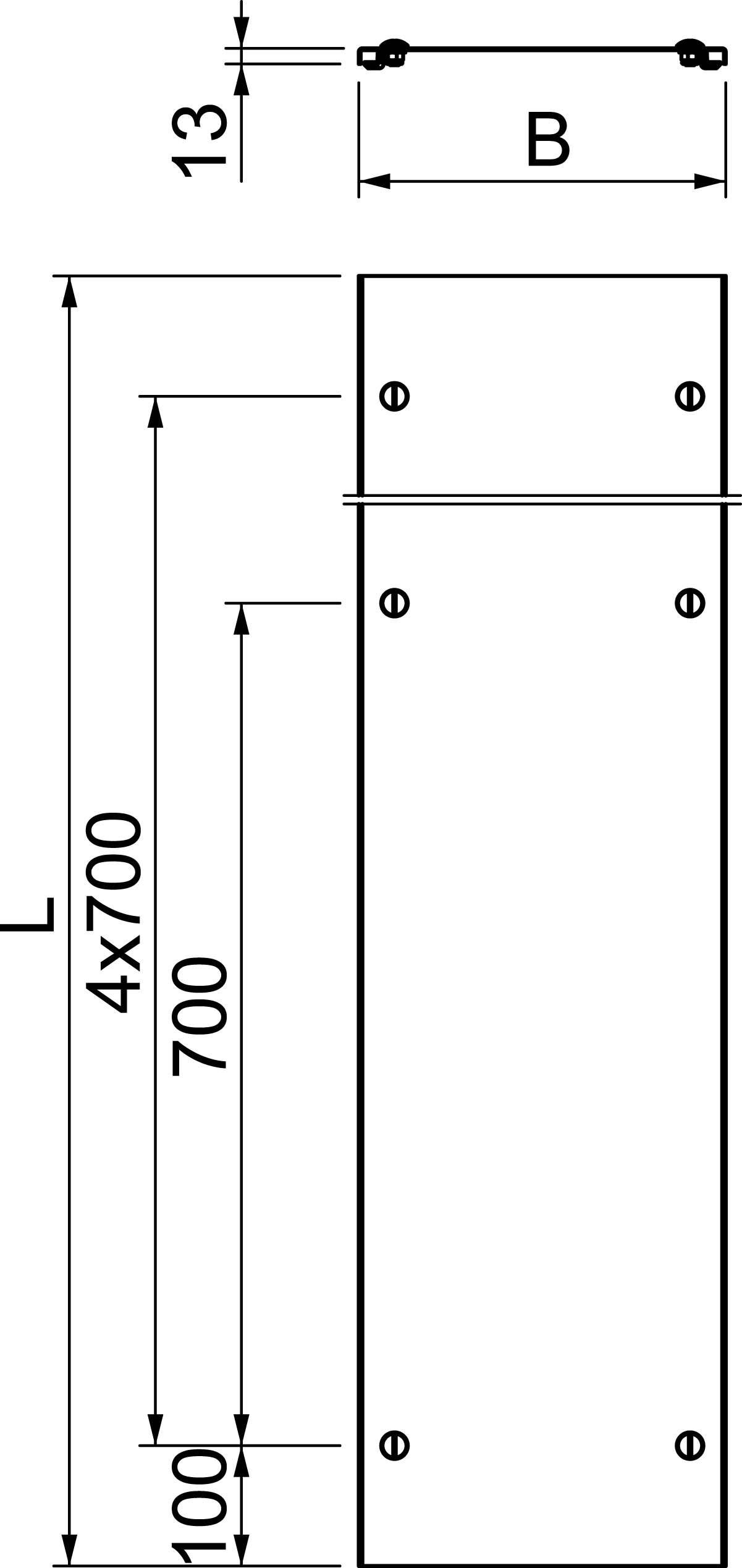 Technische Zeichnung eines rechteckigen Objekts mit Maßen: Breite 'B', Länge 'L', und Abständen 100 mm und 700 mm.