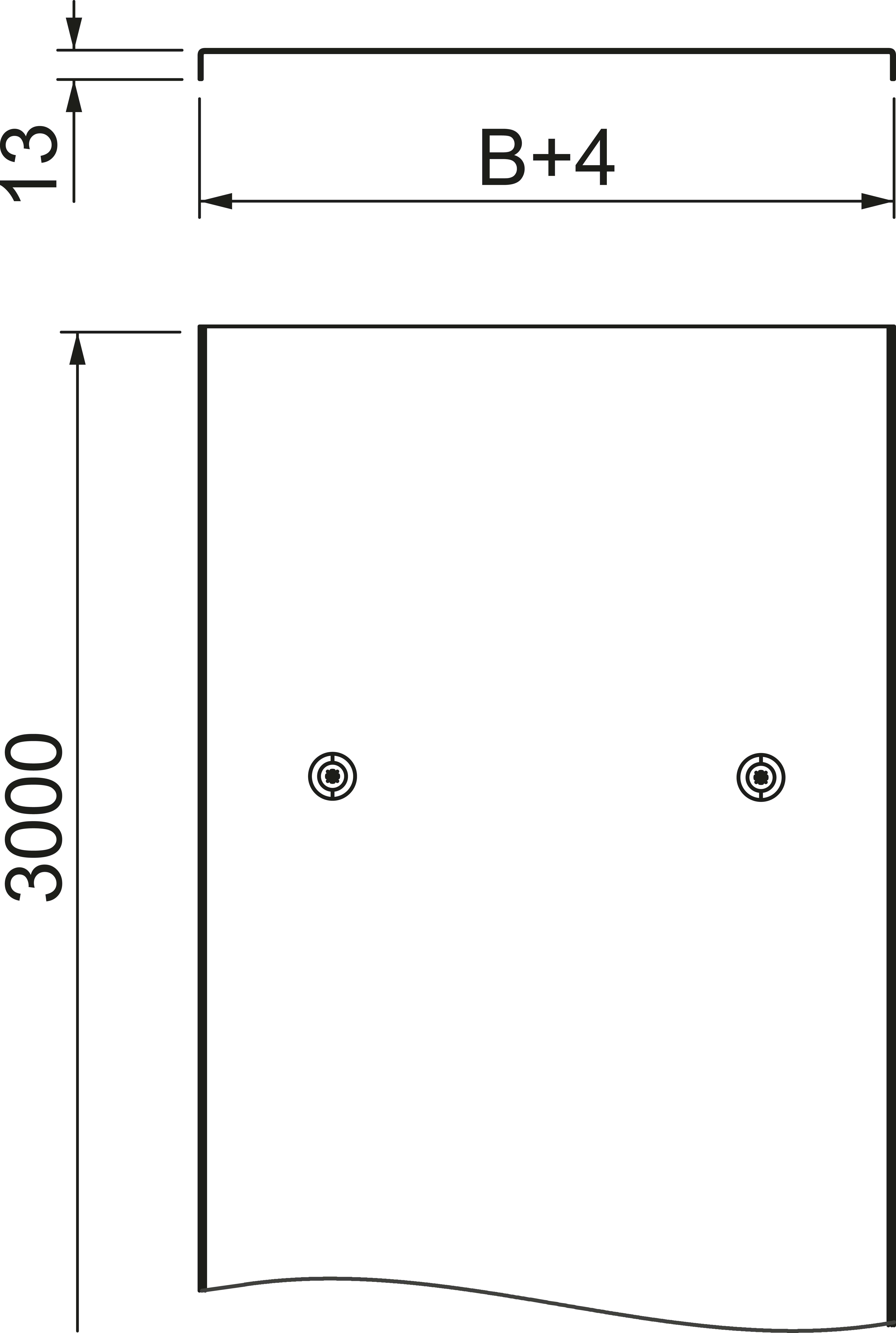 Technische Zeichnung eines rechteckigen Objekts. Höhe: 3000 mm, Breite: B+4 mm, Abstand oben: 13 mm. Enthält zwei Befestigungspunkte.