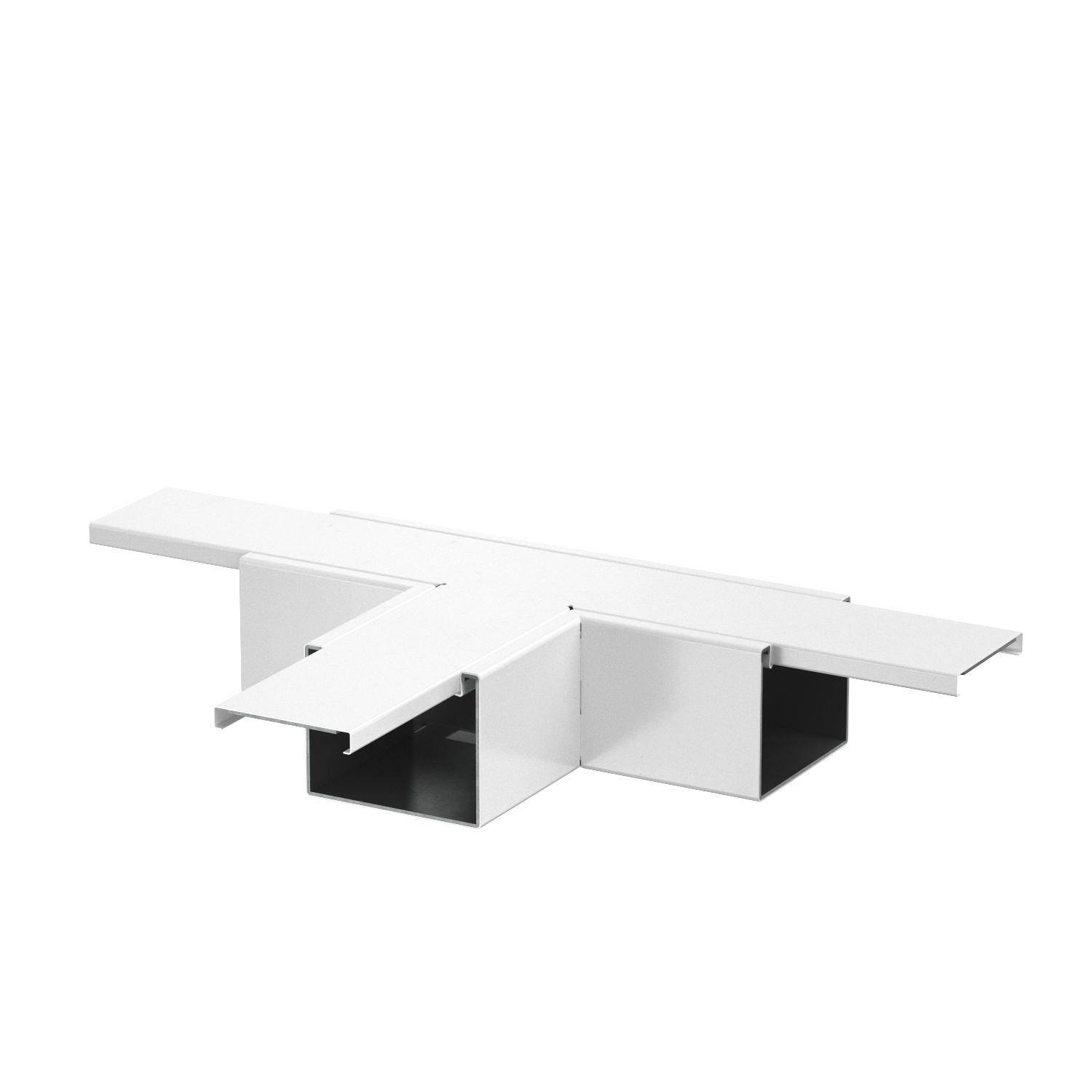 Ein weißes, modular gestaltetes Tischobjekt mit ineinandergreifenden, rechteckigen Platten, die eine T-Form bilden. Minimalistisches Design.