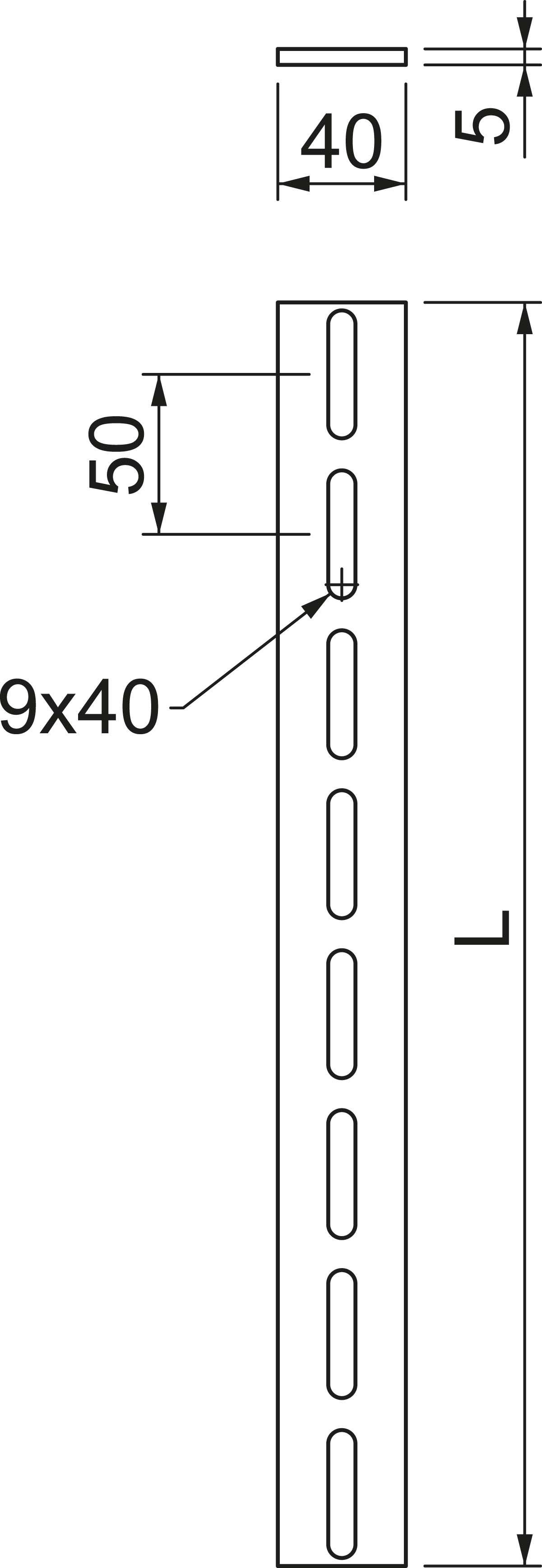Technische Zeichnung eines Metallprofils mit Schlitzen. Maße: Länge 'L', Breite 40 mm, Lochgröße 9x40 mm, Lochabstand 50 mm.