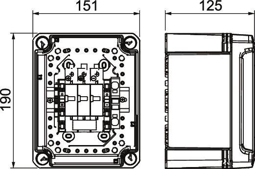 Technische Zeichnung eines elektrischen Geräts mit den Maßen 190x151x125 mm. Zeigt eine frontale und seitliche Ansicht mit Details der internen Komponenten.