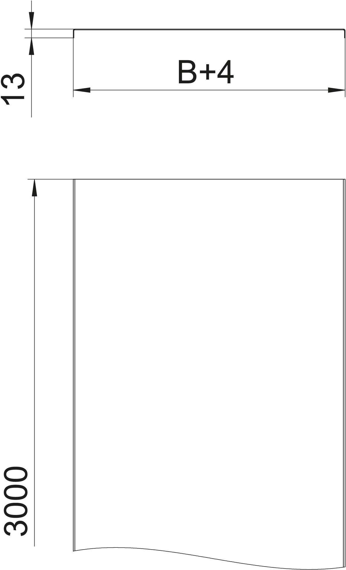 Technische Zeichnung eines rechteckigen Objekts. Breite 'B+4', Höhe '30000', obere Nutztiefe '13'.