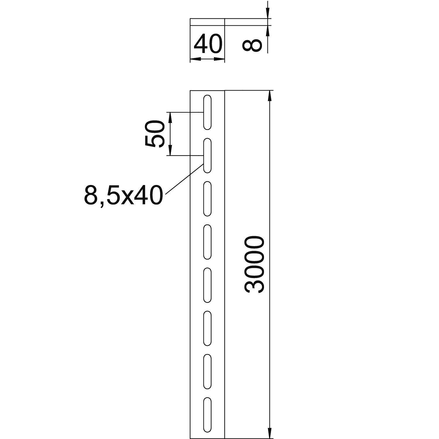 Technische Zeichnung eines rechteckigen Stahlprofils: Länge 3000 mm, Breite 40 mm, Löcher 8,5 mm Durchmesser im Abstand von 50 mm.