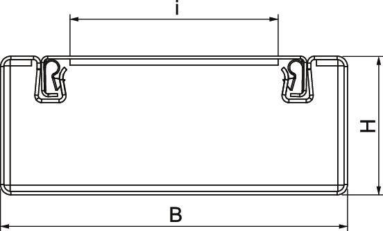 Technische Zeichnung eines rechteckigen Gegenstands mit Clips oben. Beschriftet mit 'B' (Breite), 'H' (Höhe) und 'I' (Abstand).