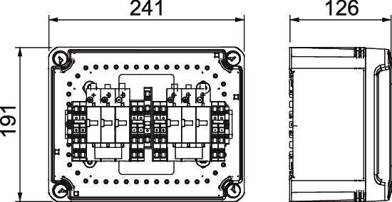Technische Zeichnung eines rechteckigen Geräts mit den Maßen 241 mm x 191 mm x 126 mm, zeigt interne Komponenten und Montagepunkte.