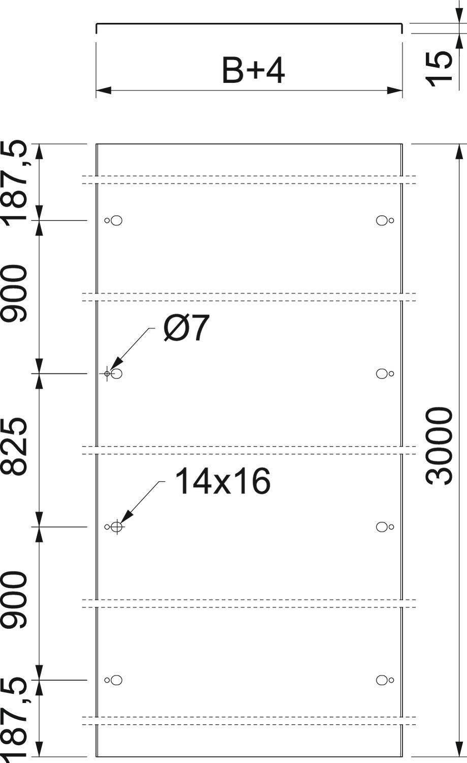 Technische Zeichnung eines rechteckigen Objekts mit Maßen: Höhe 3000 mm, Breite 'B+4'. Löcher Ø7 mm, 14x16 mm entlang der Höhe.