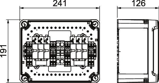 Technische Zeichnung eines rechteckigen Geräts mit Maßen: 241 x 191 x 126 mm. Zeigt Innenansicht mit Schaltkreisen.