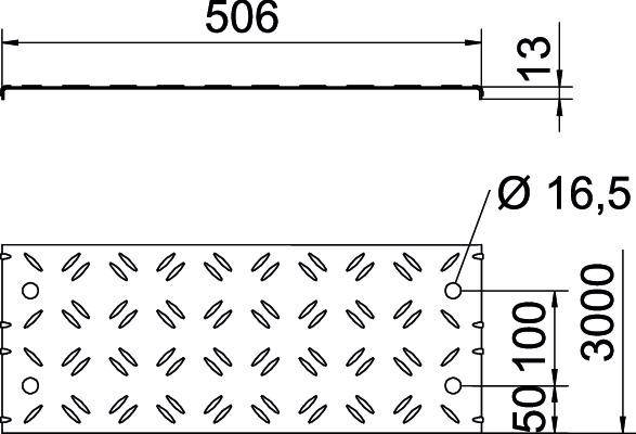 Technische Zeichnung eines rechteckigen Metallgitters: Oben Seitenansicht mit Länge 506 mm, Höhe 13 mm. Unten Draufsicht: Länge 3000 mm, Breite 506 mm, Lochdurchmesser 16,5 mm.