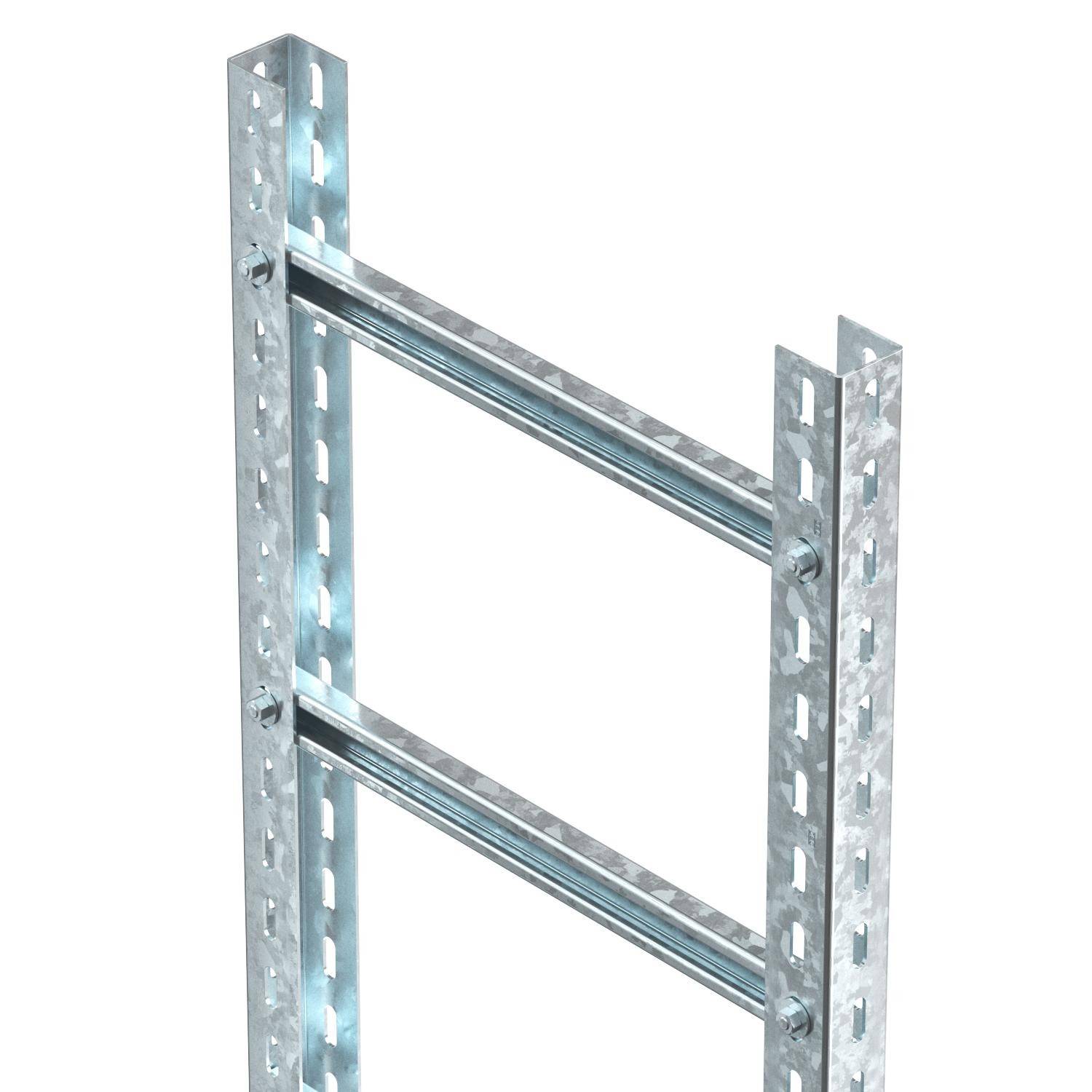 Metallene Kabelrinne mit offenen Seiten und Querstreben. Sie dient zur Bündelung und Führung von Kabeln in Gebäuden oder Industrieanlagen.