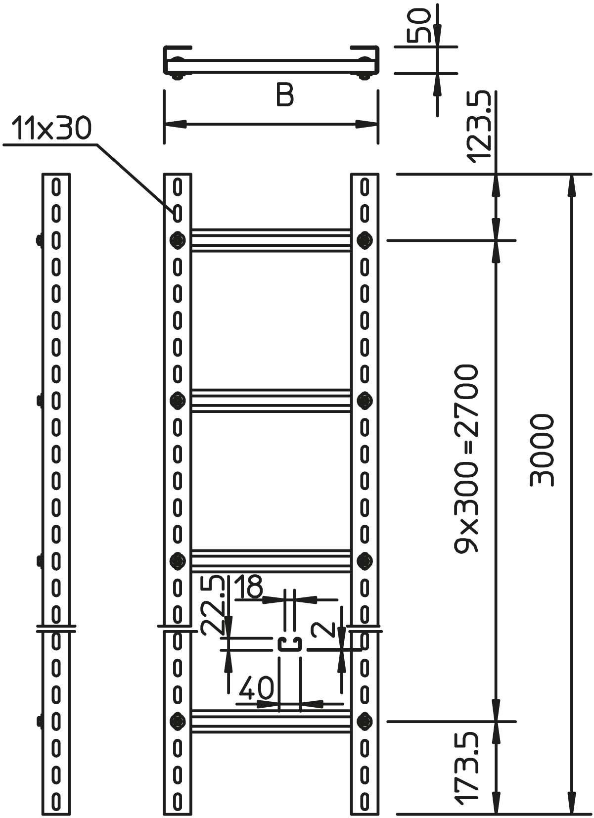 Technische Zeichnung eines Regals mit Maßen in Millimetern. Höhe: 3000, Breite: B, Tiefe der Träger: 50. Neun Einheiten, Abstand 300.