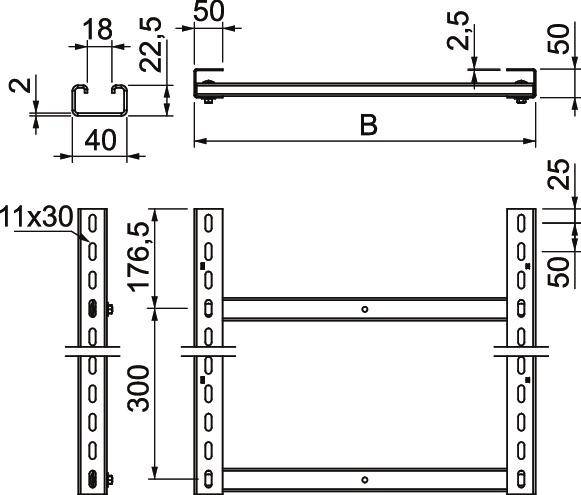 Technische Zeichnung eines Metallregals mit genauen Maßangaben: Höhe 300 mm, Breite B, diverse Abstände und Lochgrößen gekennzeichnet.