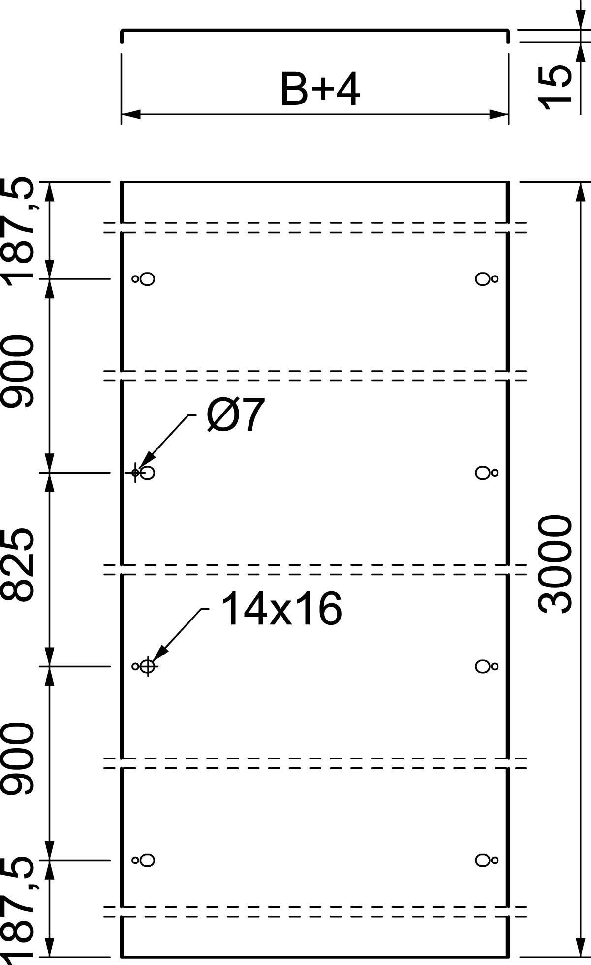 Technische Zeichnung eines Bretts: Maße 187,5 x 3000 mm, mit Bohrungen Ø7 und 14x16 mm, Abstände von 15 bis 900 mm vermerkt.