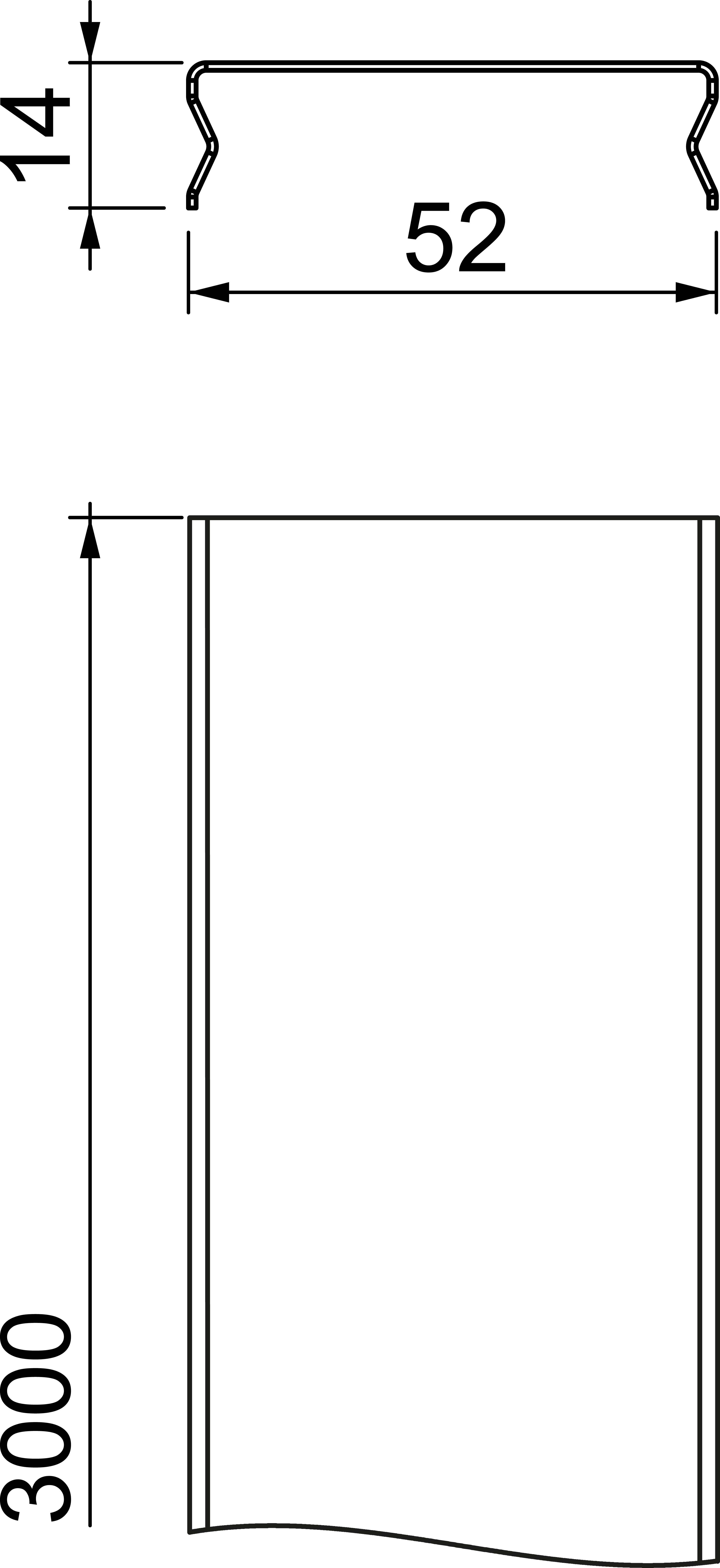 Technische Zeichnung eines Profils: Querschnitt oben mit Breite 52 mm und Höhe 14 mm. Seitenansicht unten: Länge 3000 mm.