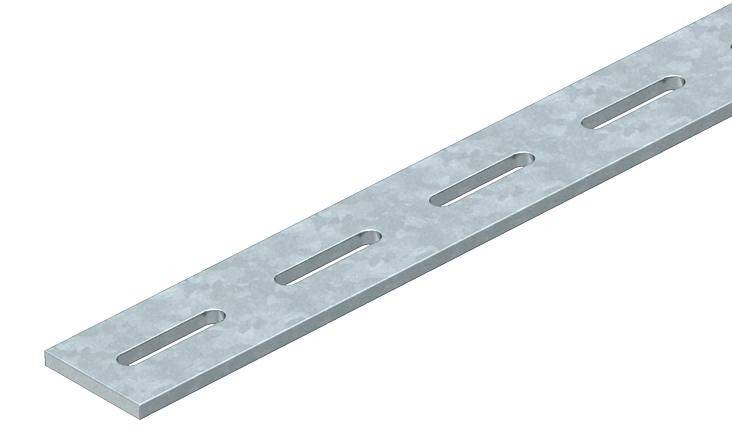 Metallstreifen mit mehreren gleichmäßig verteilten Langlöchern. Verwendet in Konstruktionen zur flexiblen Befestigung.