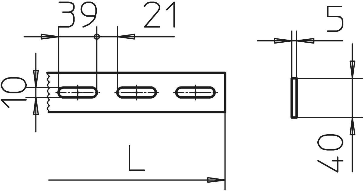Technische Zeichnung eines rechteckigen Metallprofils mit Schlitzen und Maßangaben. Zeigt Länge 'L' von 40 und Breite von 10 mm.