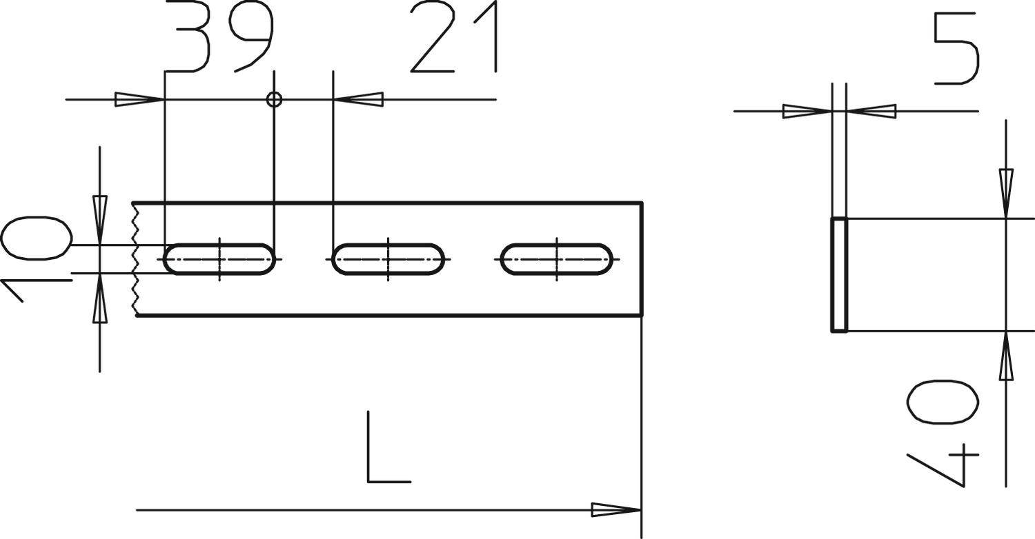 Technische Zeichnung eines Bauteils mit drei ovalen Löchern. Maße: Länge 'L', Breite 10 mm, Lochgröße 39x21 mm. Seitenansicht zeigt 5 mm Stärke.