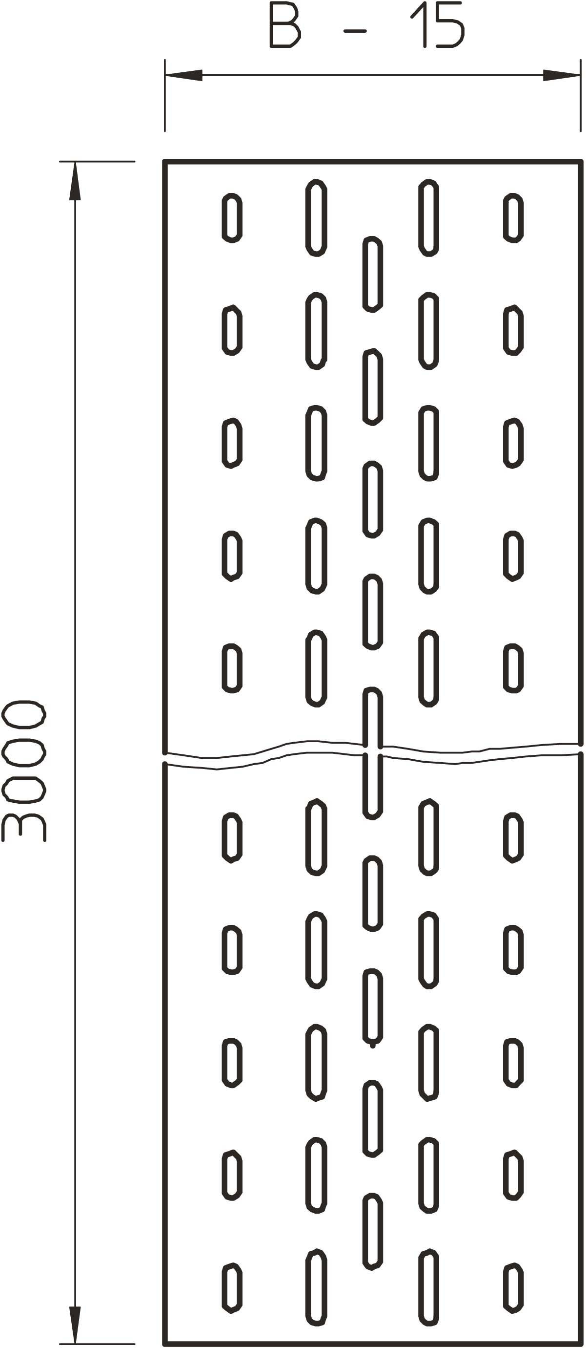 Technische Zeichnung einer rechteckigen Metallplatte mit Schlitzen und zwei Abschnitten. Höhe: 3000 mm, Breite: B-15 mm.