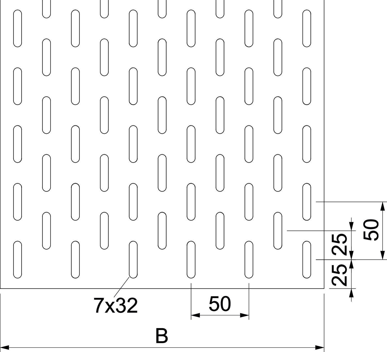 Technische Zeichnung eines rechteckigen Lochblechs mit länglichen Öffnungen. Maße: 7x32 Öffnungen, Abstände: 50mm horizontal, 25mm vertikal.