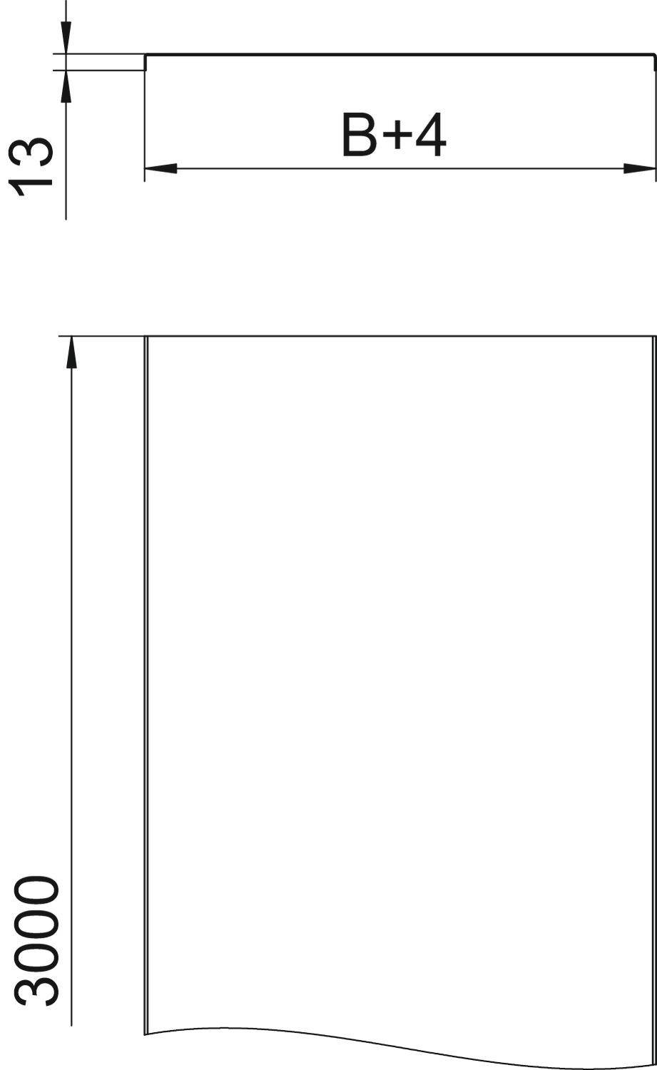 Technische Zeichnung eines Rechtecks: Breite 'B + 4', Höhe 3000 mm, oben eine Linienmarkierung bei 13 mm.