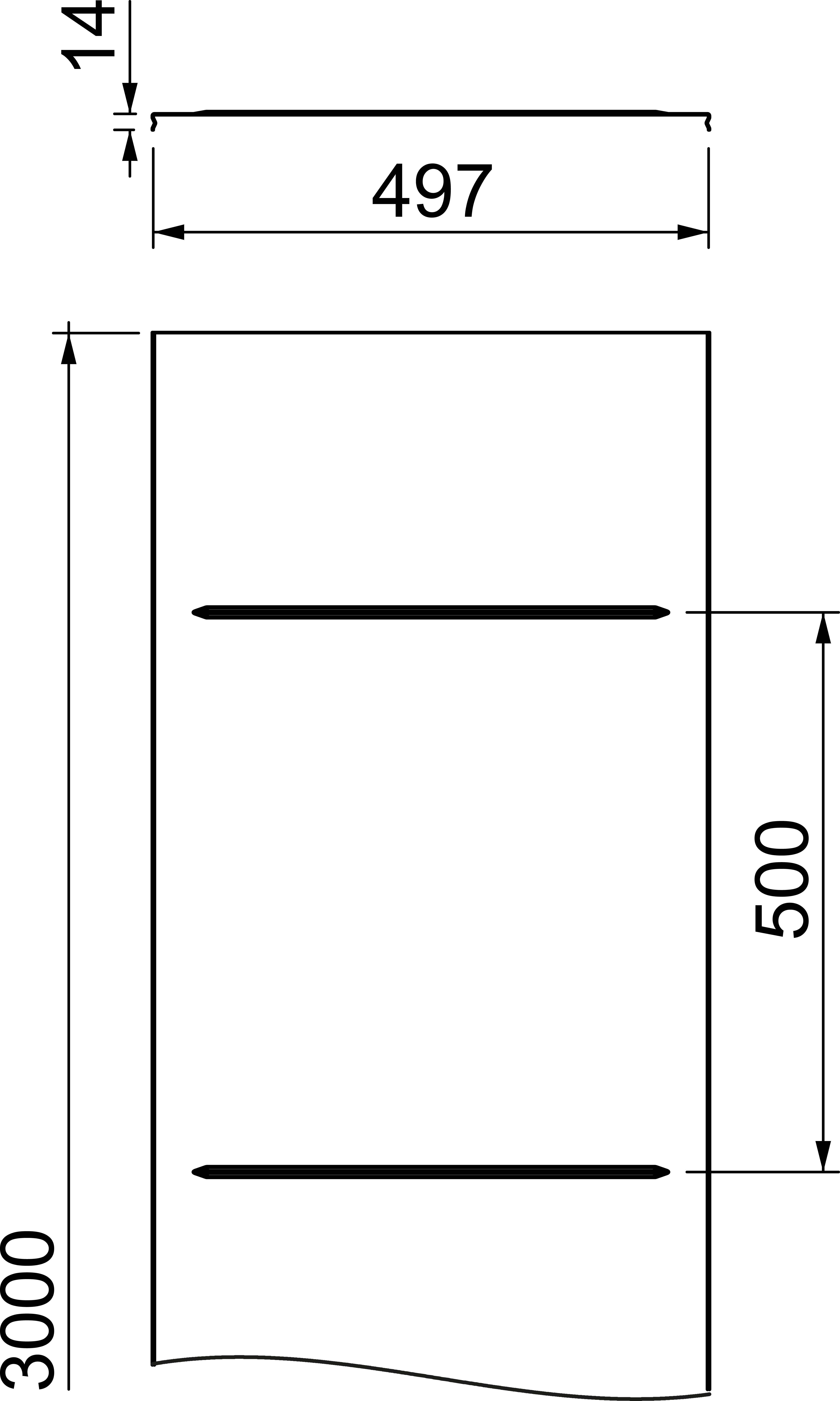 Technische Zeichnung eines rechteckigen Gegenstands mit den Maßen: Breite 497 mm, Höhe 3000 mm, zwei horizontale Linien, Abstand voneinander 500 mm.