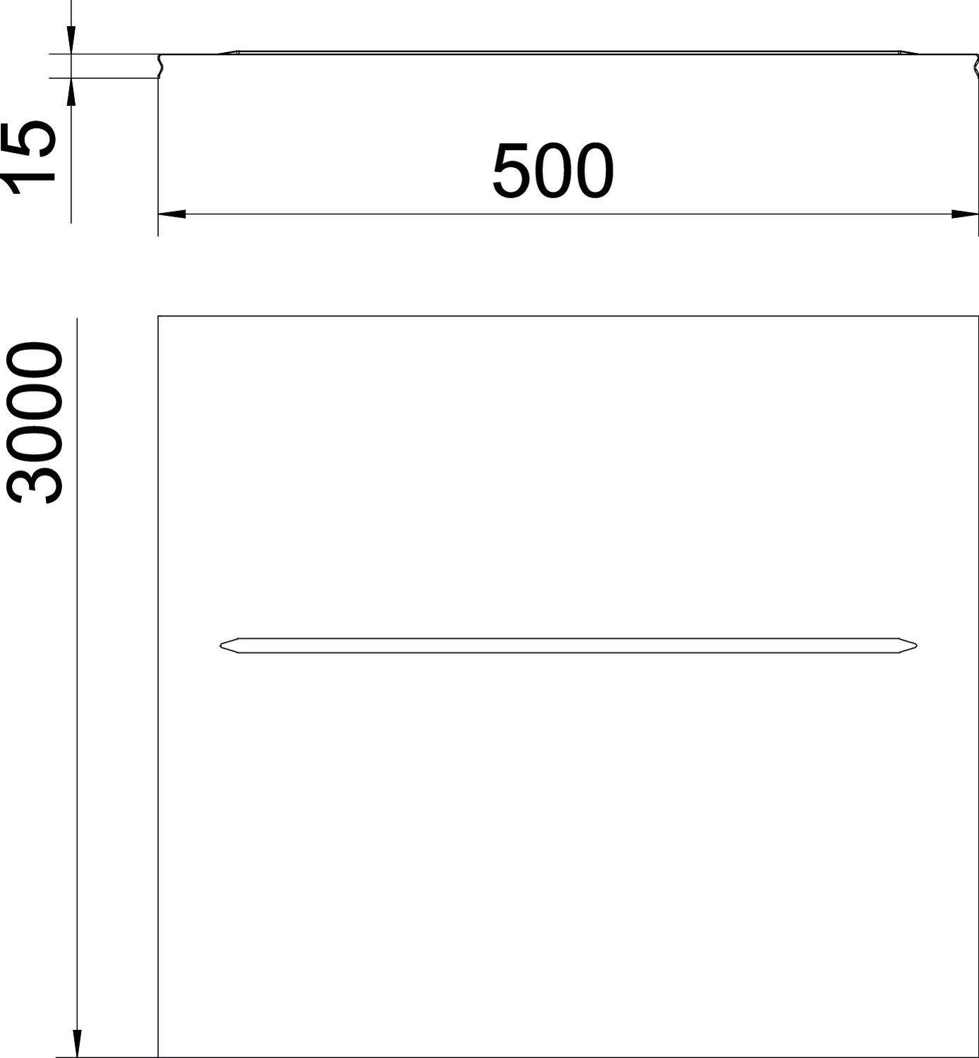 Diagramm zeigt Maße eines quadratischen Objekts: 3000 mm Seitenlänge, 500 mm Öffnung. Weitere Details nicht spezifiziert.