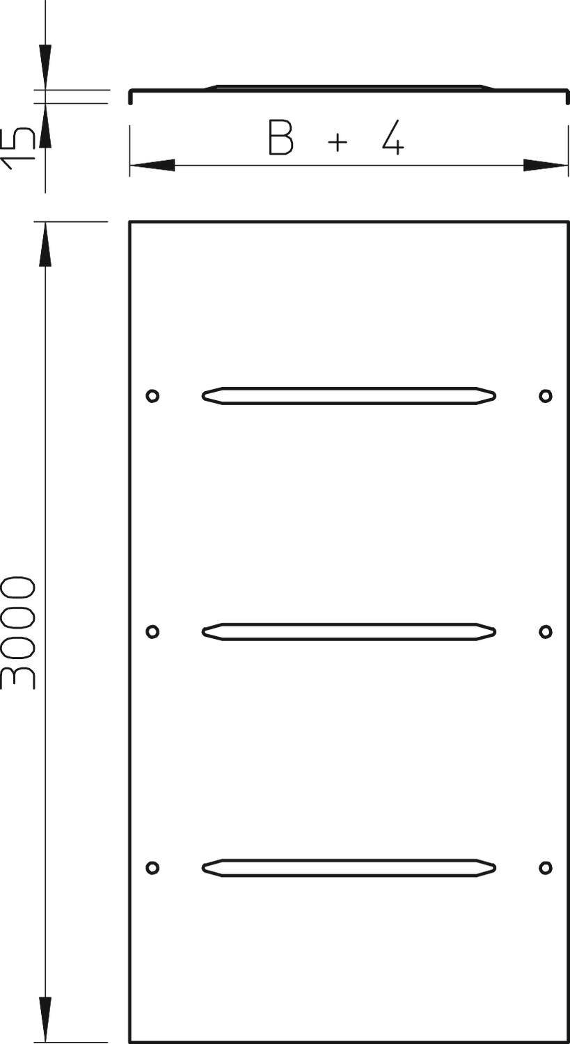 Technische Zeichnung eines rechteckigen Objekts mit drei horizontalen Schlitzen, Maßangaben: Höhe 3000 mm, Breite 'B + 4', Abstand 15 mm.