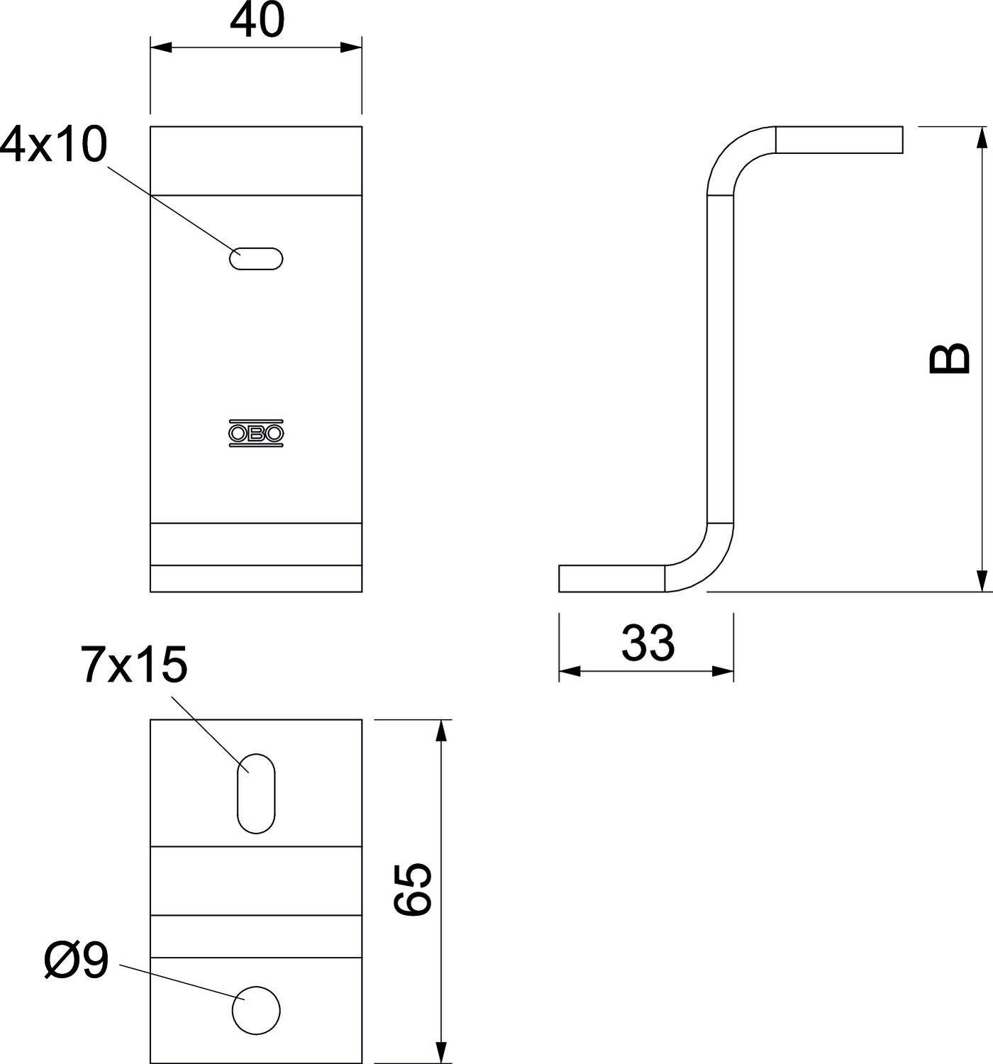 Technische Zeichnung eines Beschlags mit Maßen: Länge 40 mm, Höhe B, Breite 33 mm, Befestigungslöcher 4x10 mm und 7x15 mm.