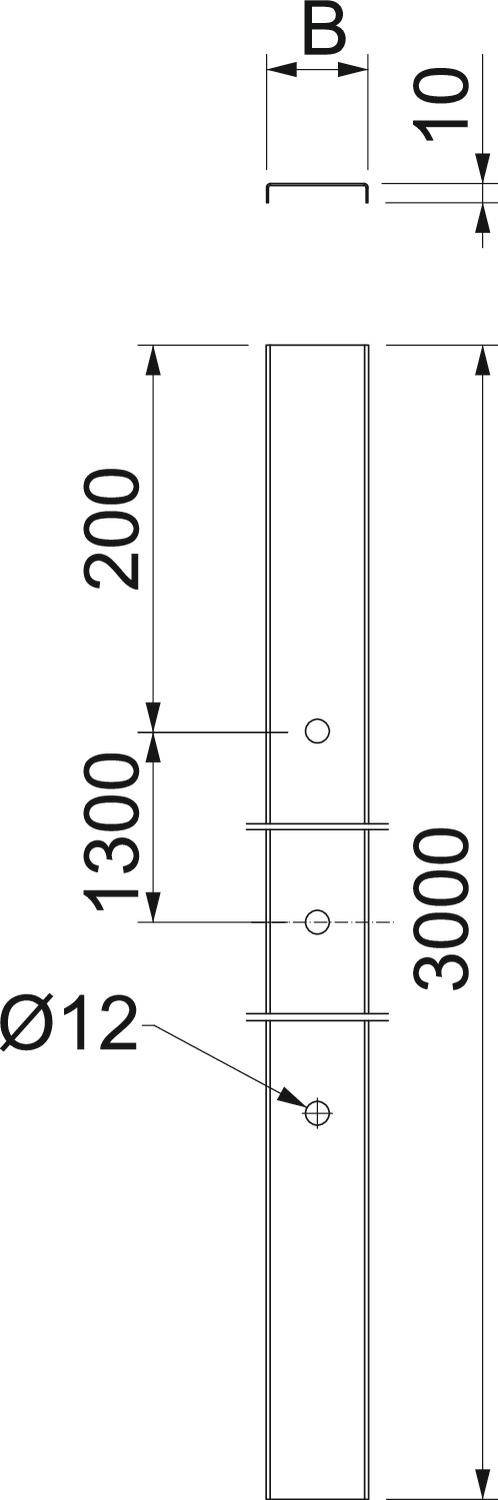 Technische Zeichnung eines länglichen Objekts mit Maßen: Länge 3000 mm, obere Sektion 200 mm, Lochdurchmesser Ø12 mm, Abstand 1300 mm.