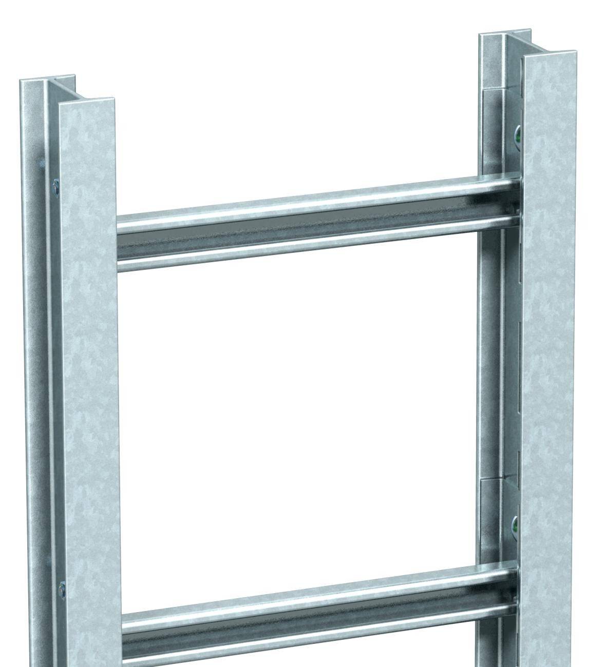Metallleiter in Nahaufnahme mit zwei parallelen Streben und zwei horizontalen Sprossen, geeignet für industrielle Anwendungen.