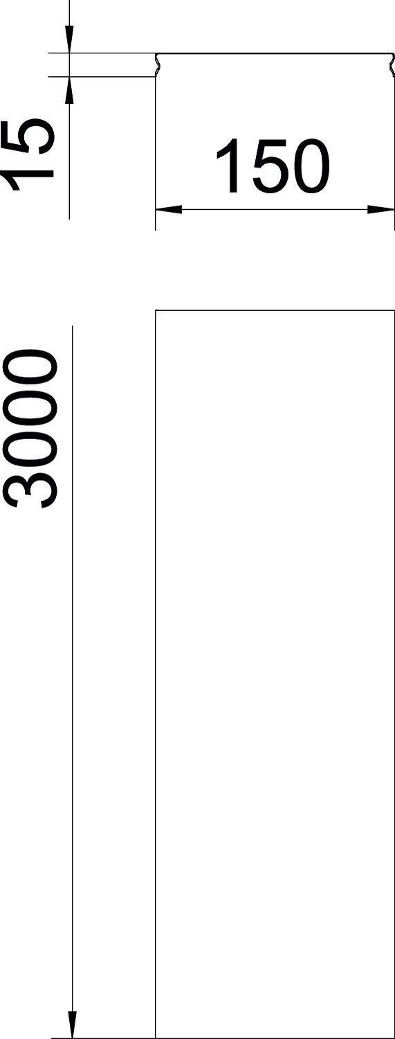 Bauzeichnung eines Rechtecks mit den Maßen 150 x 3000 Millimeter, Seitenansicht mit Maßangaben.