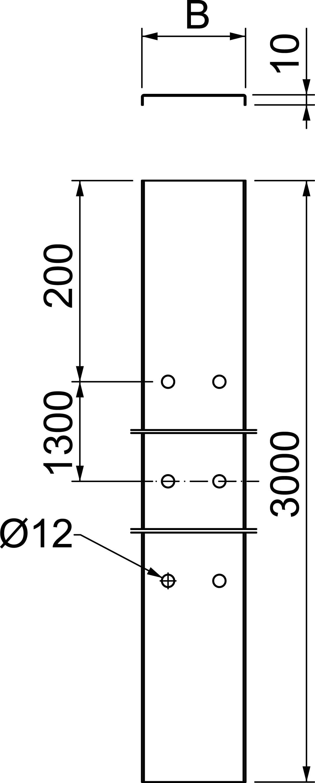 Technische Zeichnung eines rechteckigen Balkens mit den Maßen 1300 mm und 200 mm. Markierungen zeigen Bohrungen mit Ø12 mm an.