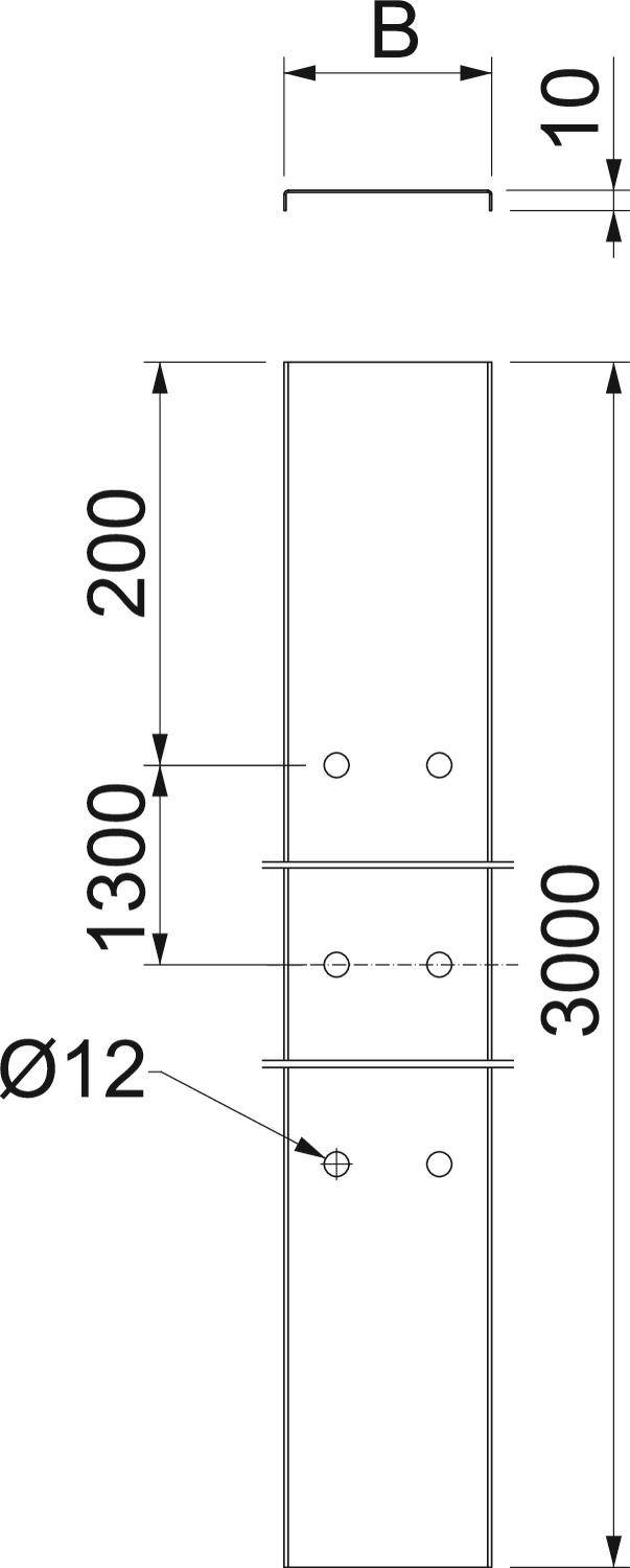 Technische Zeichnung eines Pfostens, Höhe 3000 mm, Breitenmaße 'B', Durchmesser Bohrloch 12 mm, Position der Löcher markiert.