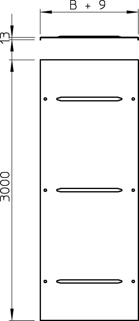 Technische Zeichnung eines rechteckigen Objekts, 3000 mm hoch, Breite 'B + 9'. Drei horizontale Linien in gleichmäßigen Abständen.
