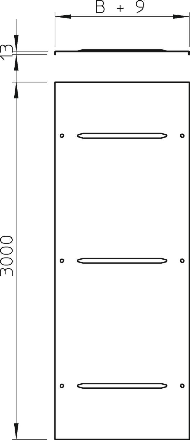 Technische Zeichnung eines rechteckigen Metallstücks mit drei Schlitzen, Längenmaß 3000 mm, Breitenmaß B+9 mm.