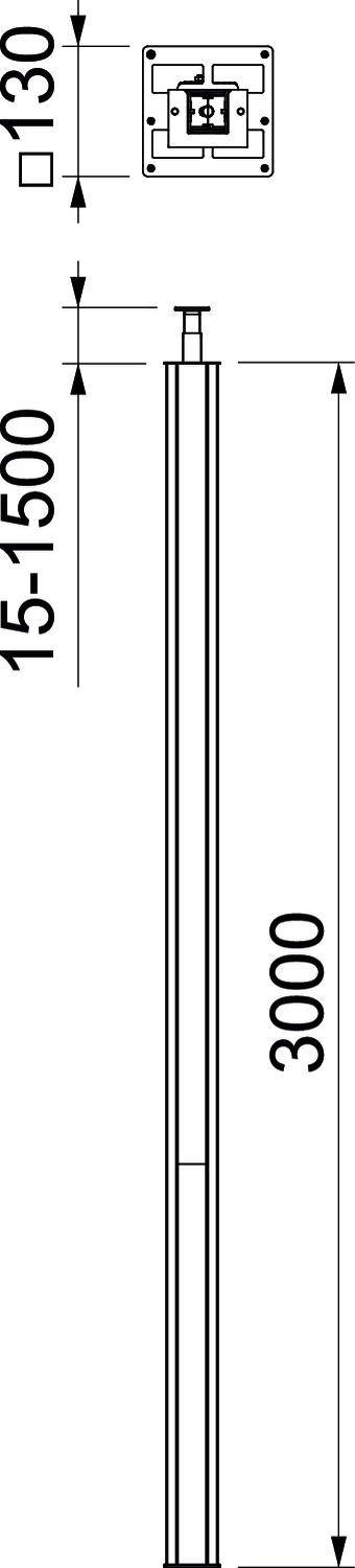 Technische Zeichnung eines Pfeilers mit Maßen: Höhe 3000 mm, zusätzliche Komponente 130 mm. Detailansicht des Querschnitts oben.