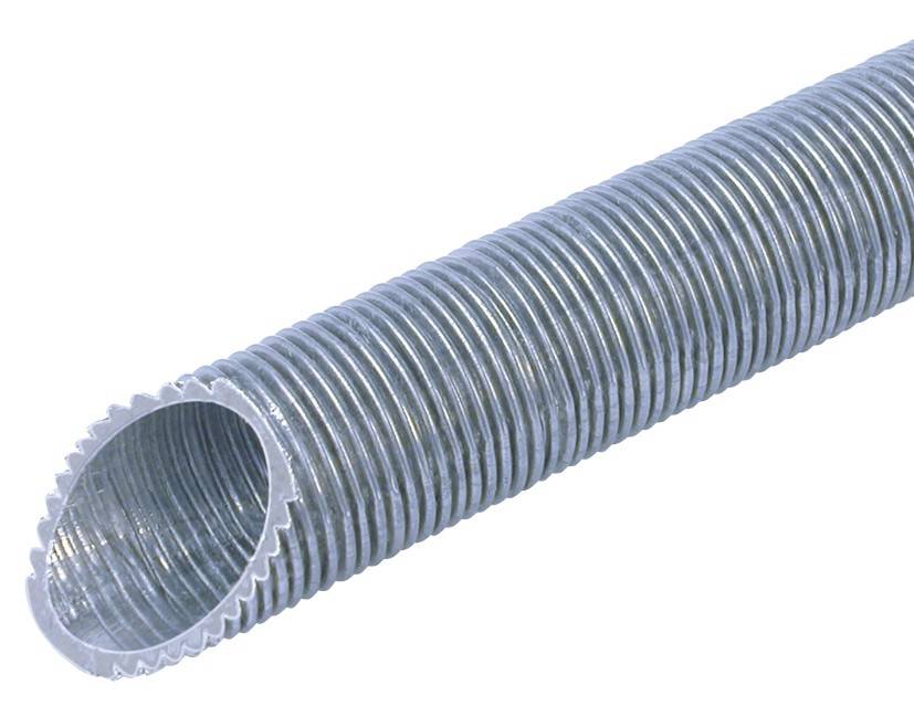 Metallischer, flexibler Schlauch mit welliger Oberfläche, verwendet zur Kabel- oder Rohrführung in Installationen.