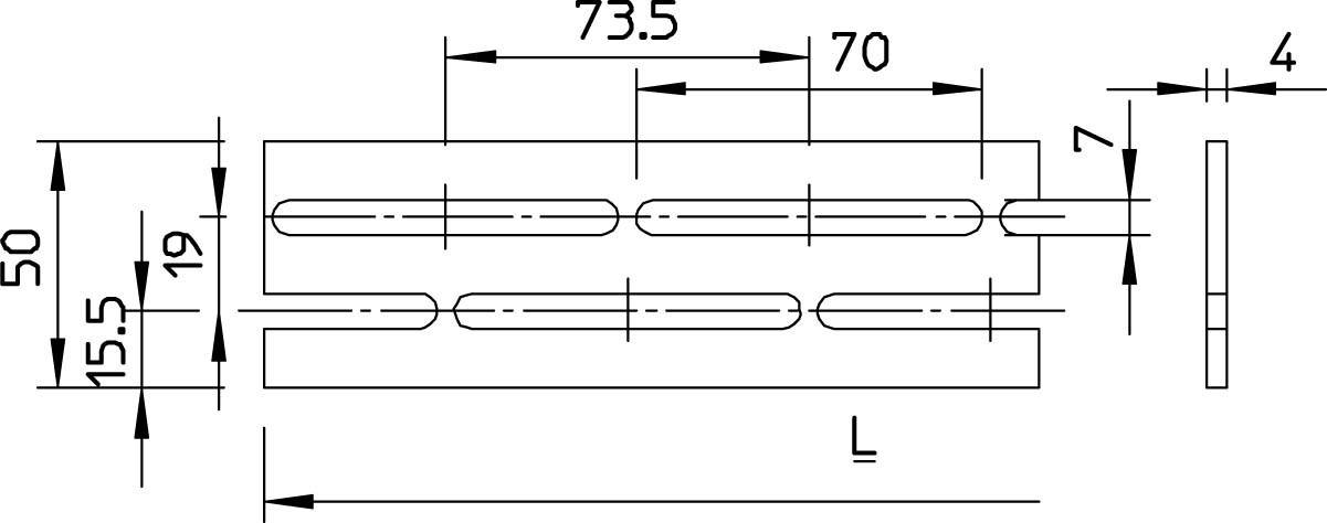 Technische Zeichnung eines rechteckigen Bauteils mit drei länglichen Löchern und Maßen: 73,5 x 50 mm, Abstand zwischen Löchern 70 mm.