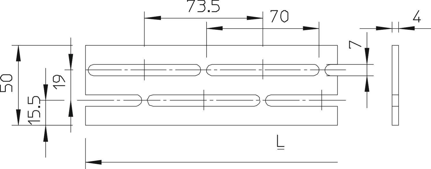 Technische Zeichnung eines rechteckigen Teils mit mehreren Maßangaben: 50 mm Höhe, 73,5 mm Länge, Schlitze von je 15,5 mm Abstand und 7 mm Breite.