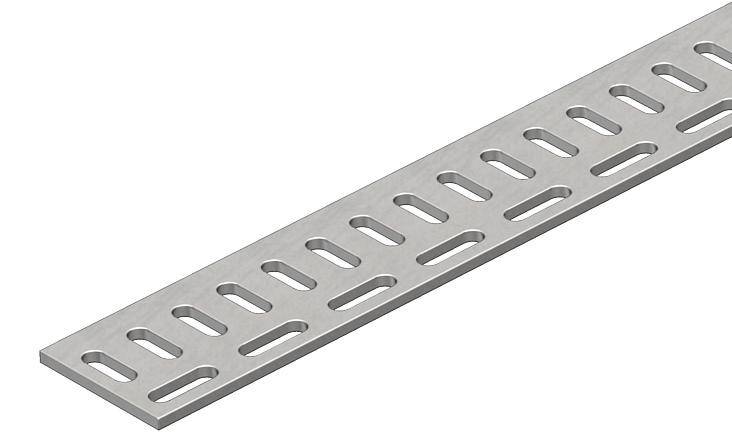 Metallstreifen mit rechteckigen Aussparungen, verwendet zur Befestigung und als Träger in Konstruktionen.